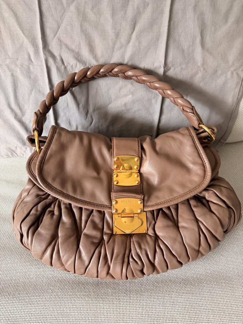 Miu Miu Taupe Brown Leather Shoulder Bag with Gold Hardware